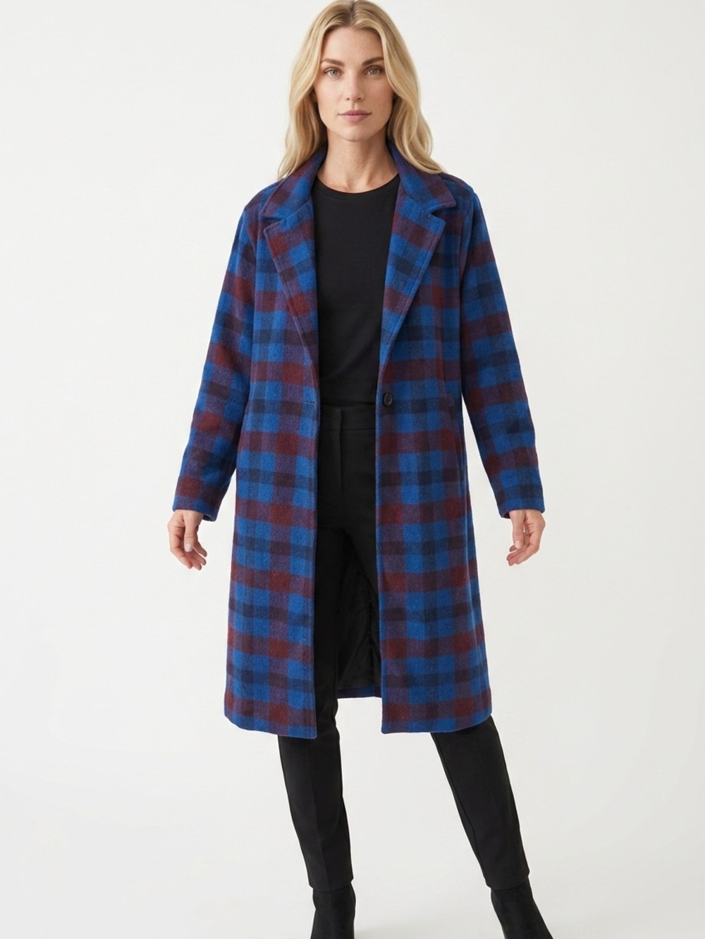 Fashion Nova XLG Blue Burgundy Plaid Longline Single Button Coat